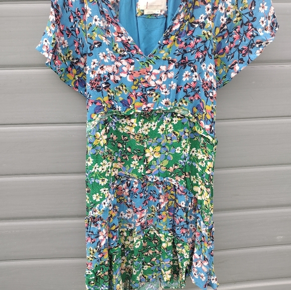 Anthropologie Robin Tiered Mini Dress Blue Green Floral XS - Picture 3 of 9